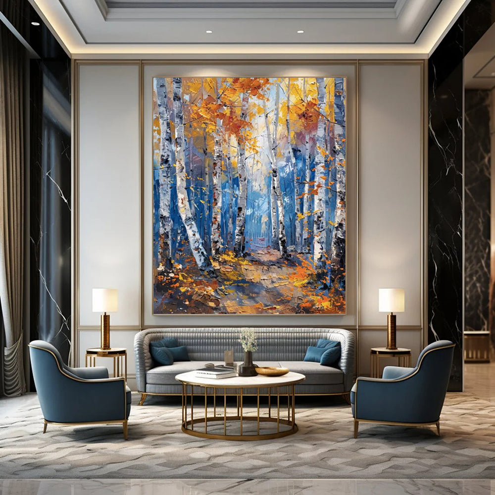 Autumn Birch Forest in Gold and Blue - Landscape Painting On Canvas DKH1406