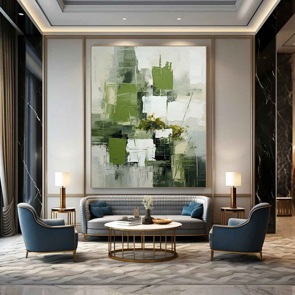Green & White Geometric Floral - Abstract Still - Life Painting On Canvas CT2264