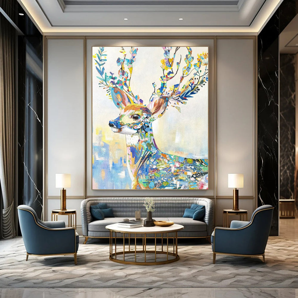 “Colorful Floral Deer” - Colorful Whimsical Animal Painting On Canvas CT2209