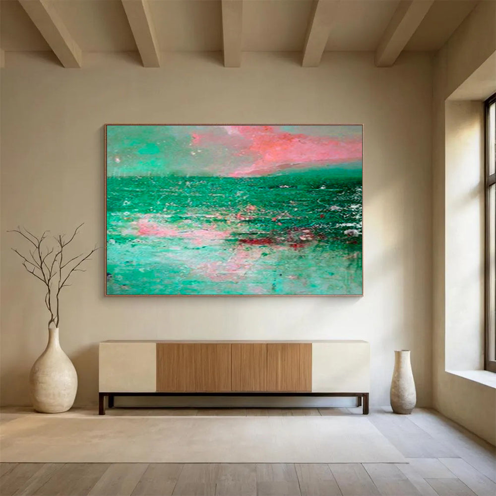 “Pink & Green Abstract Seascape” Abstract Expressionist Painting On Canvas DKH398
