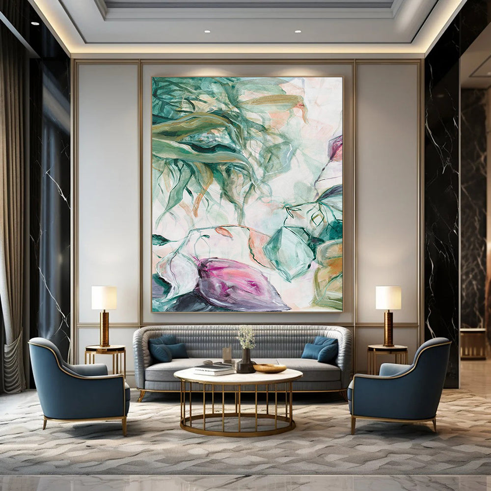 Green Leaves, Pink Blooms - "Dreamy Botanicals" - Abstract Floral Painting CT1850