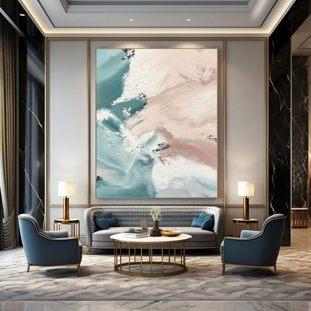 “Blush - Teal Flow” - Blush, Teal, White Fluid Shapes Painting On Canvas DTP277
