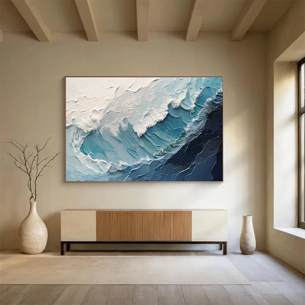 Textured Ocean Waves - Blue & White Impasto Sea Painting On Canvas DKH872