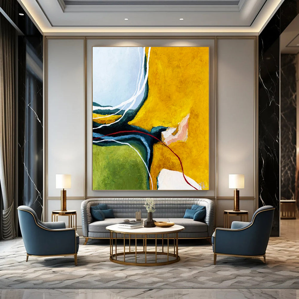 “Color Block Abstract - Yellows, Greens, and Intricate Lines” Painting On Canvas CT2387