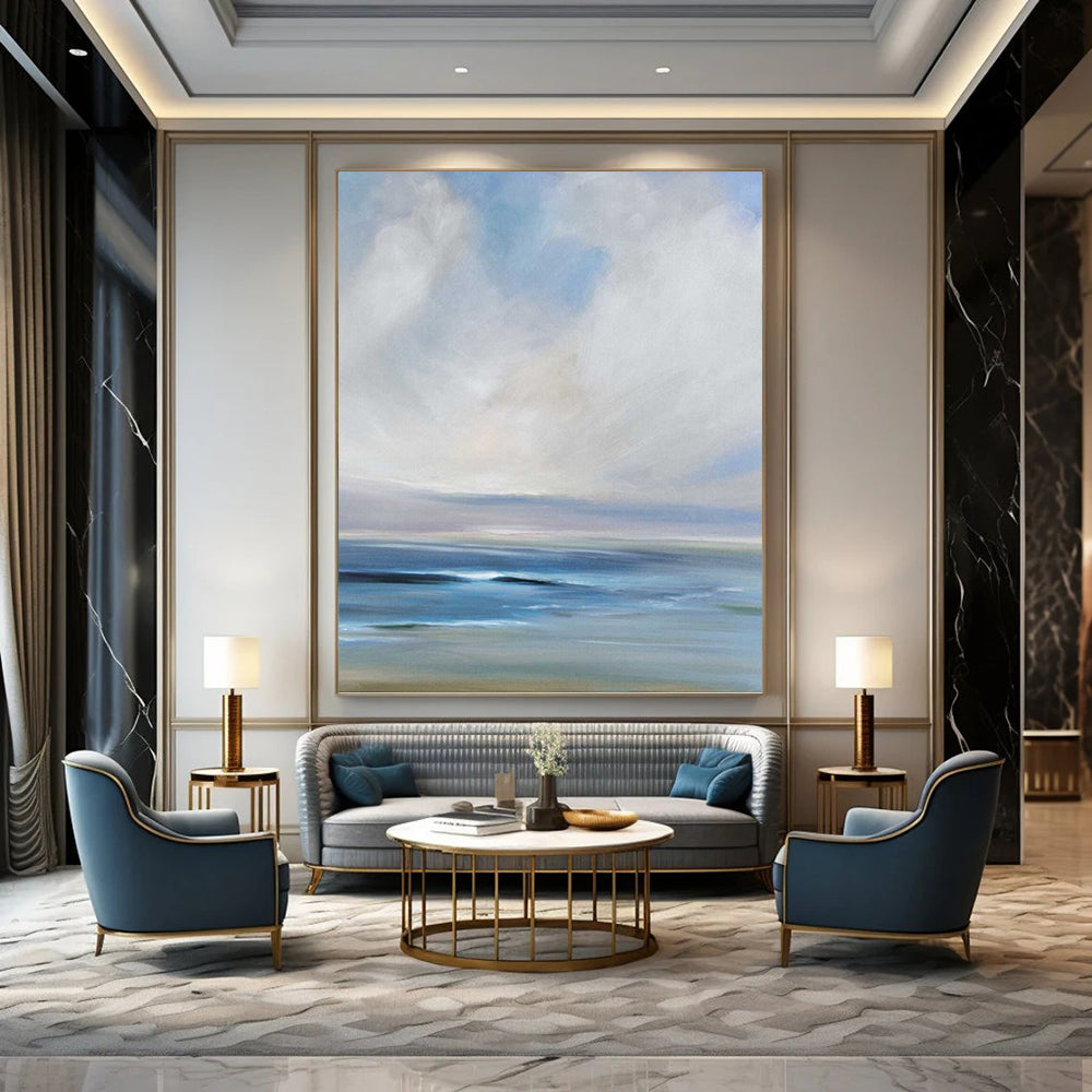 “Serene Coastal Blues” - Blue, White & Gray Impressionistic Seascape Painting On Canvas DKH0957