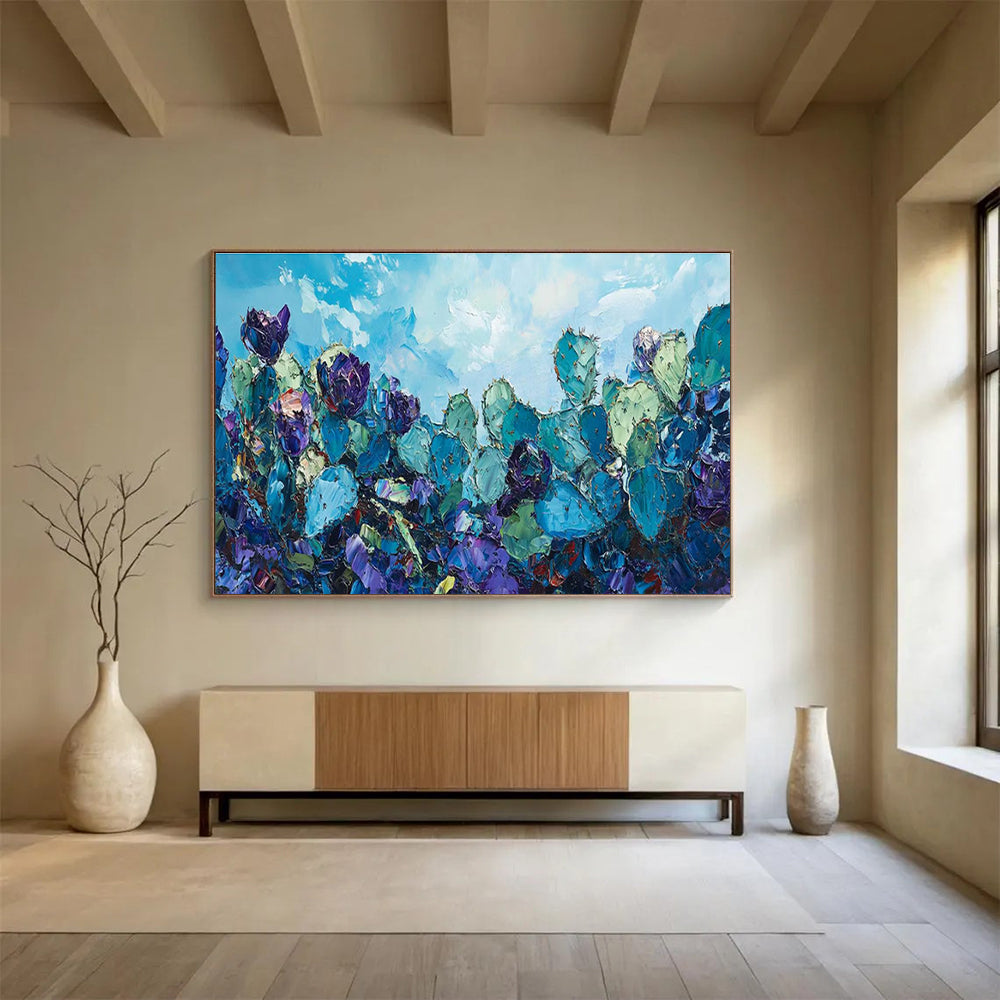 “Blue Cactus Field” - Vibrant Desert Painting On Canvas DKH827