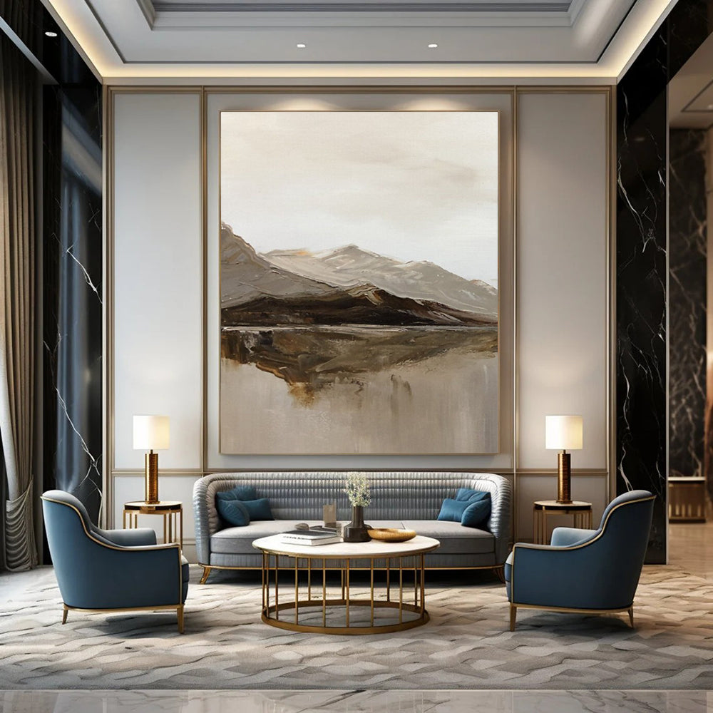 “Gray, Brown, White Mountain Reflection ‘Nature’s Mirror’” - Impasto Landscape Painting On Canvas DTP358