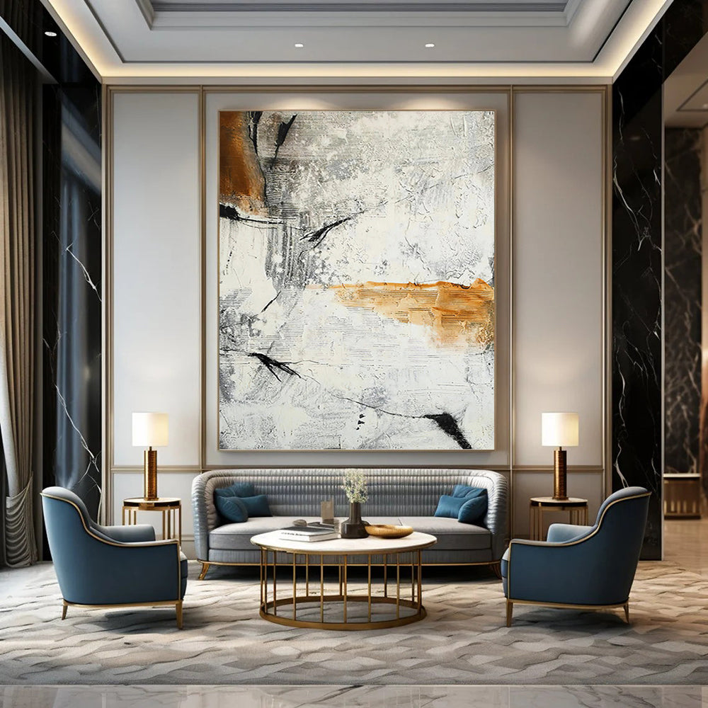 Abstract Textures in Gray, White, and Orange - Abstract Painting On Canvas DKH1438