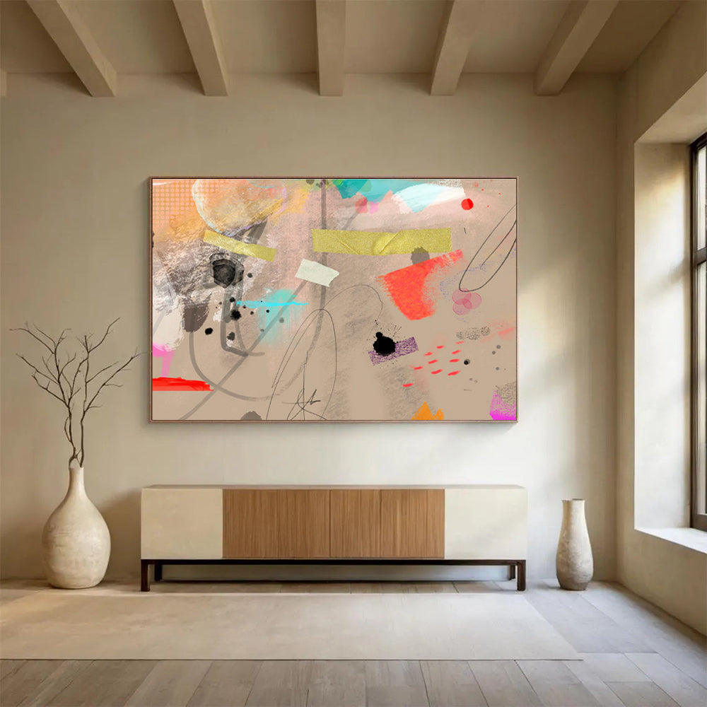 Eclectic Ink & Color Beige Colorful Splashes & Lines Painting On Canvas DKH204