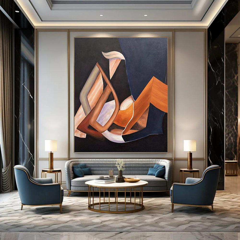 “Warm Geometric Abstraction” - Brown, Orange & Purple Cubist - Inspired Painting On Canvas DKH0927