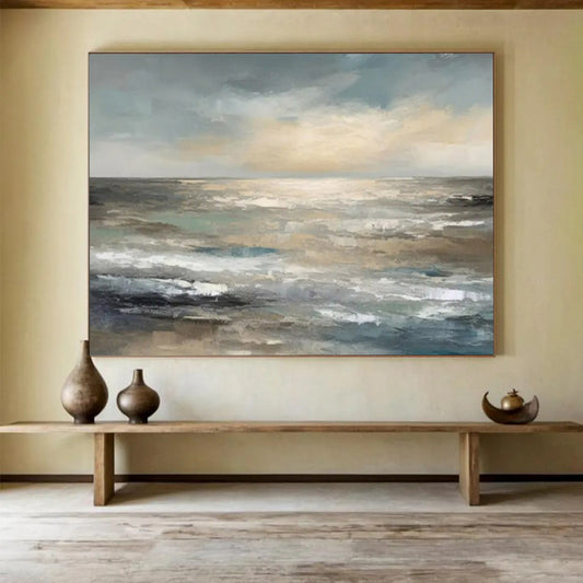 “Muted Ocean Horizon” - Tones of gray, blue, beige; a soft, abstract ocean horizon with gentle waves CT1548