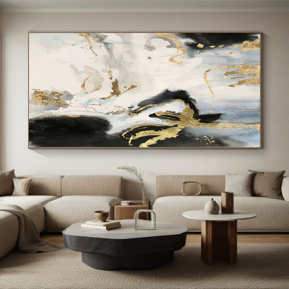 “Black, White, and Gold Abstract Splashes”,Expressive Abstract Painting CT0363