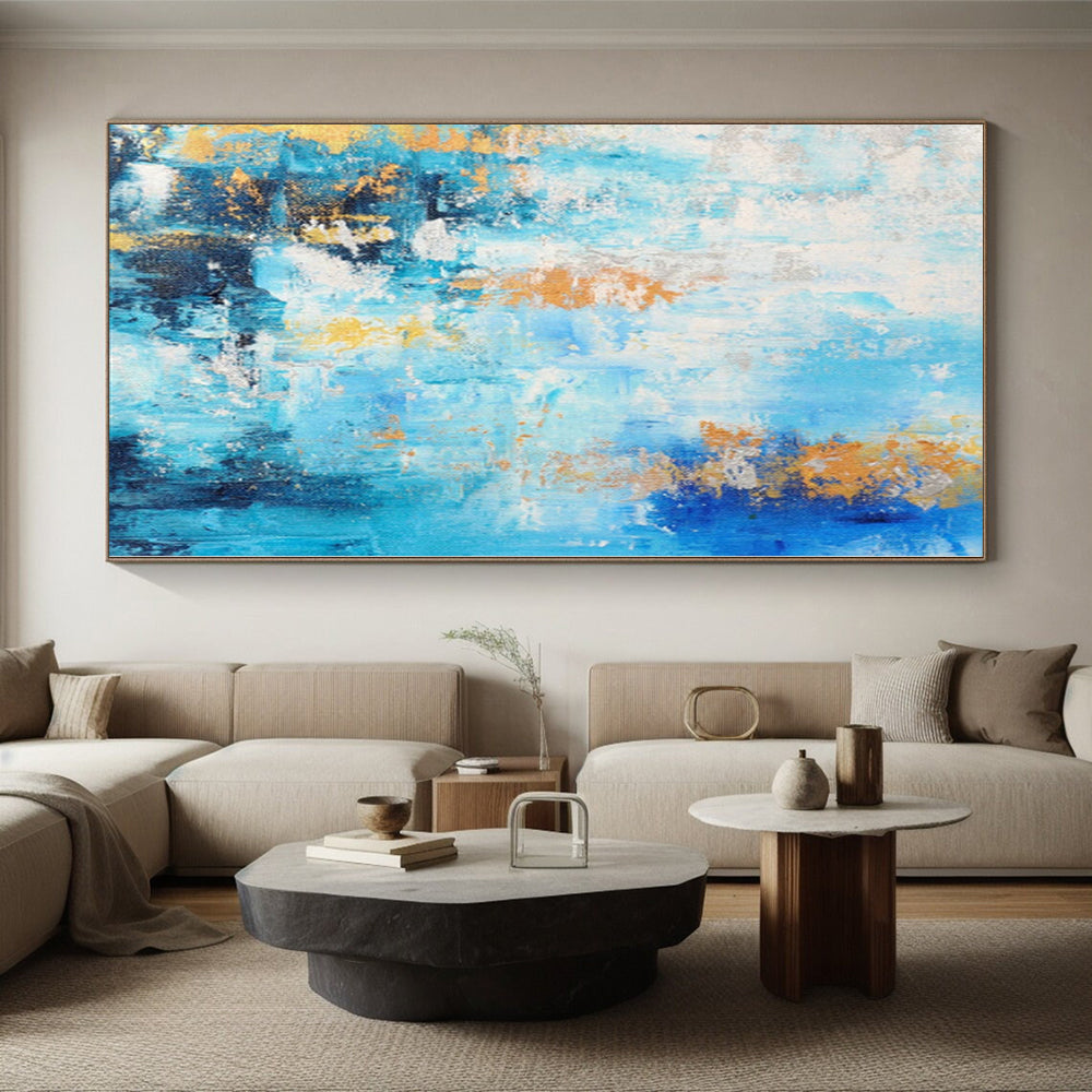 “Azure Gold Streaks” - Abstract Art with Blue, White, Gold Accents CT0015