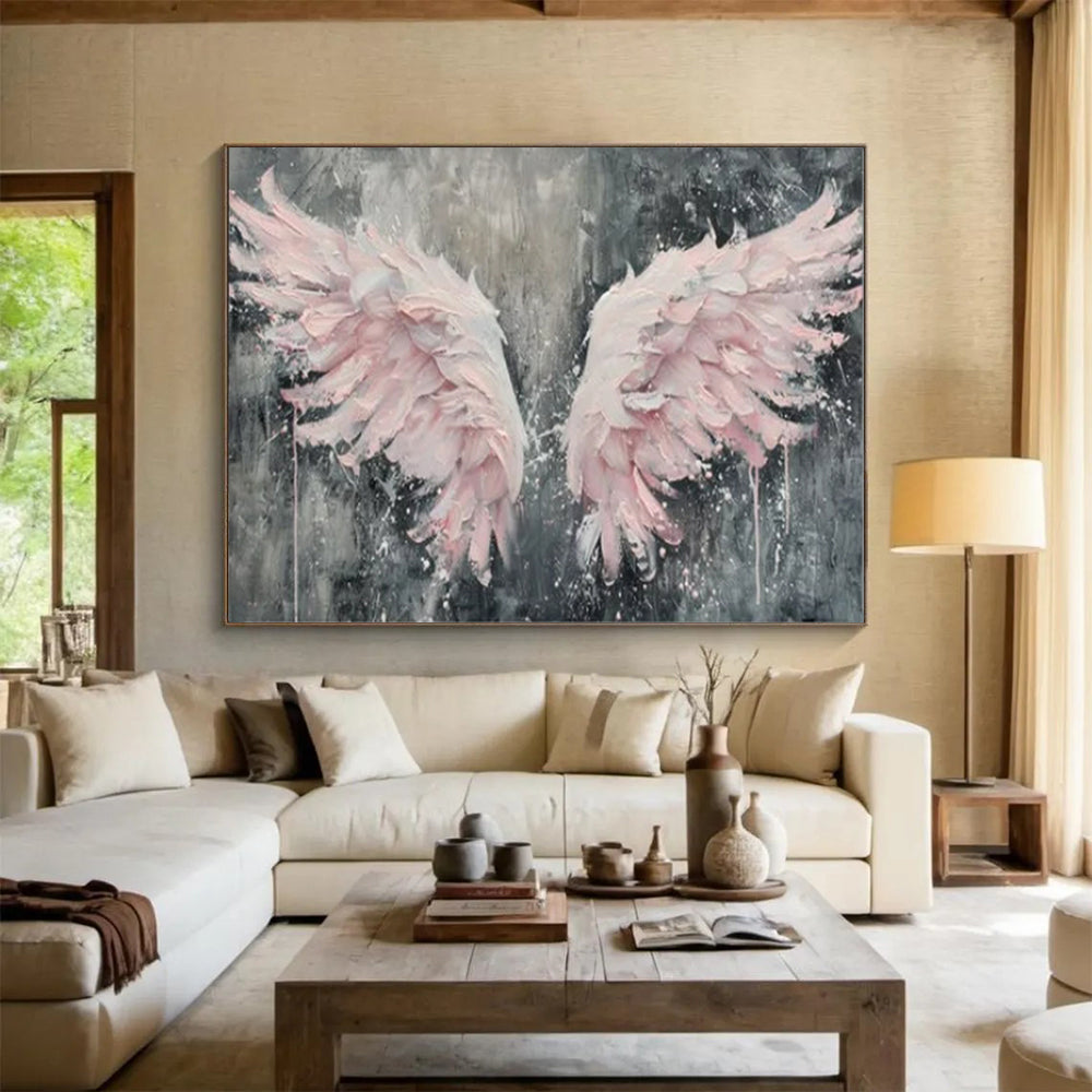 “Textured Pink Wings” - Pinks, grays; thick, sculptural pink wings against a dark background CT1618