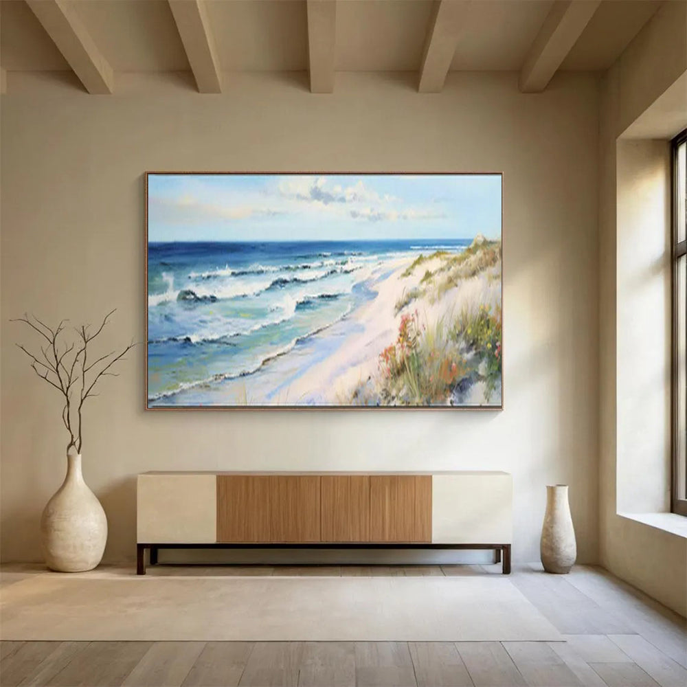 “Sunny Beach Escape” – Blues, whites, yellows capturing a bright, lively coastal scene CT1697