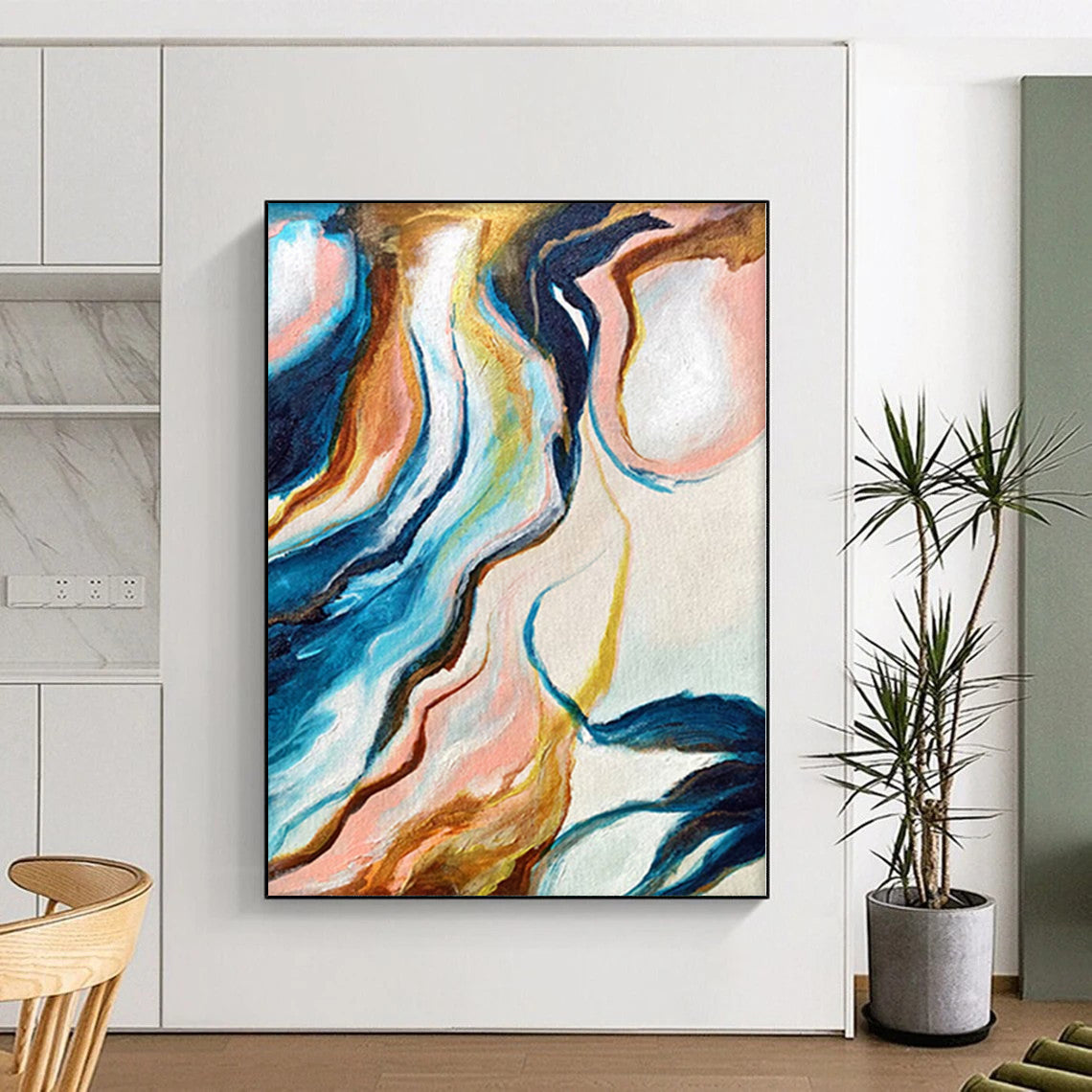“Colorful Marble Flow” - Abstract Art with Blue, Pink, Yellow, Brown Swirls CT0033