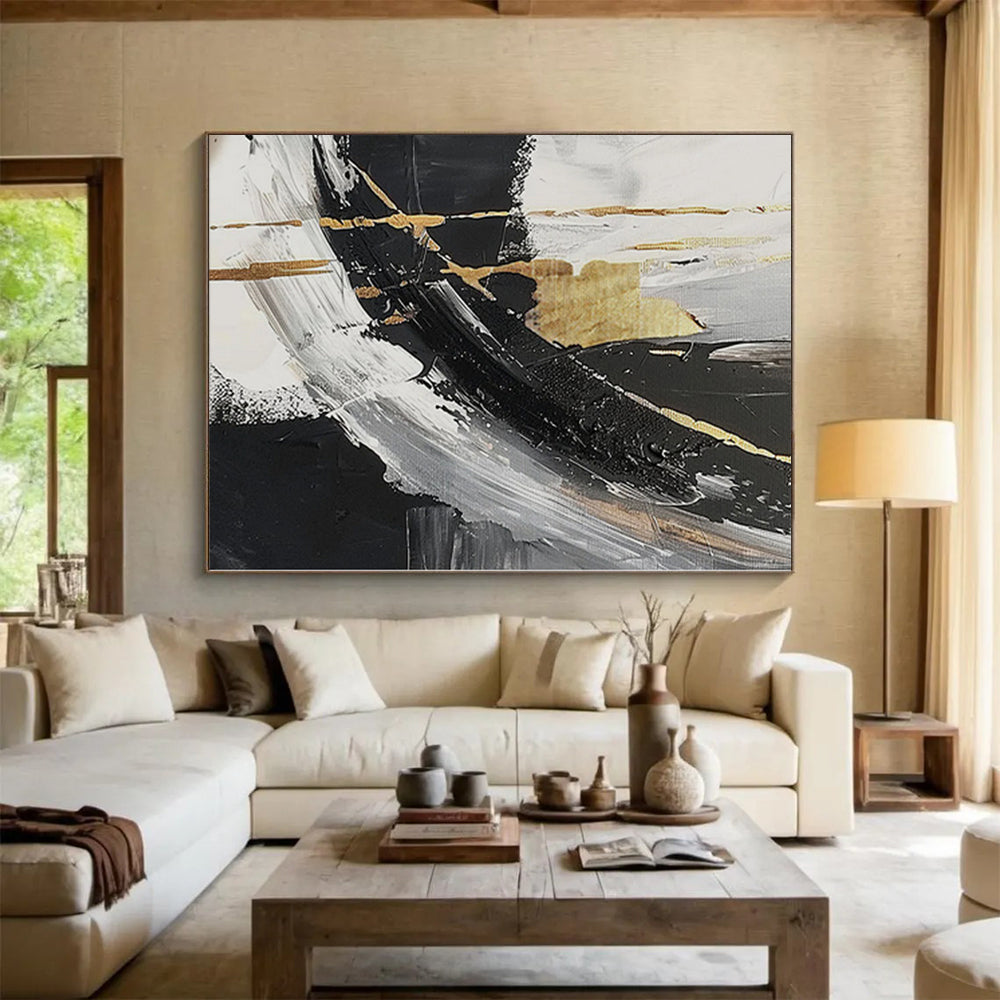 “Gilded Monochrome” - Abstract Art with Black, White, Gold CT0085