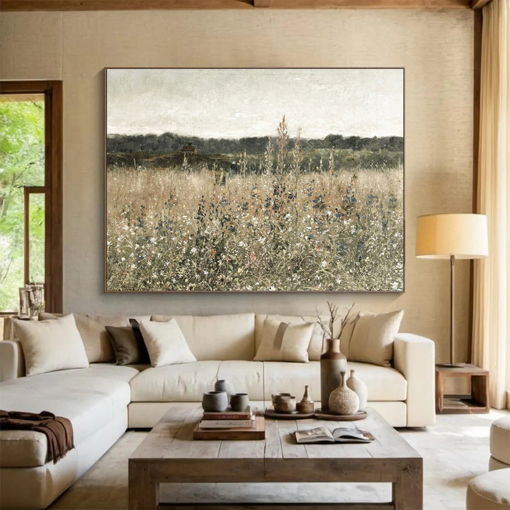 “Wildflower Field in Neutral” - Browns, greens, soft whites; detailed, muted meadow scene CT1612