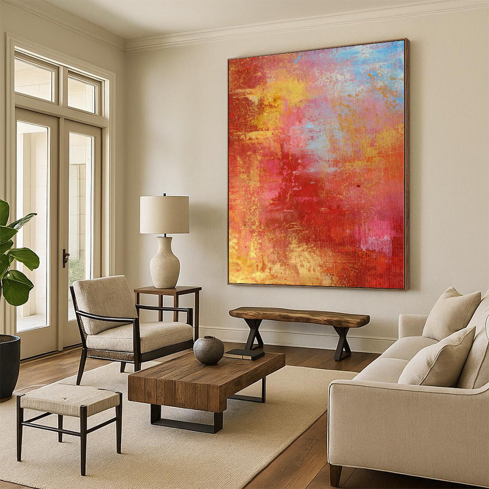 “Crimson Gold Fiesta” - Abstract Art with Red, Gold, Yellow, Blue CT0022