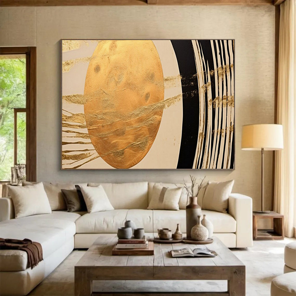 “Golden Orb & Stripes” – Abstract Minimalist Acrylic Painting CT1712
