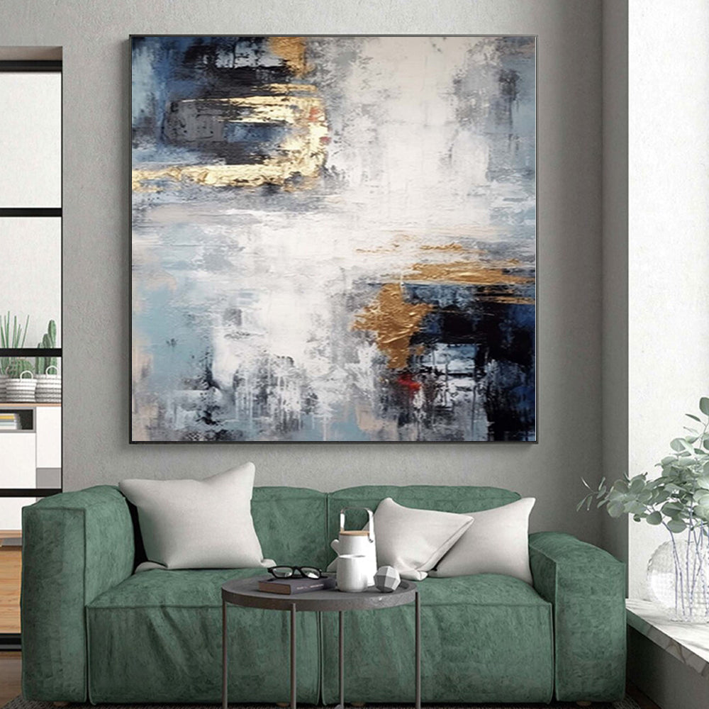 “Blue - Gray - Gold Abstract Mist” Minimalist Acrylic Art CT0237
