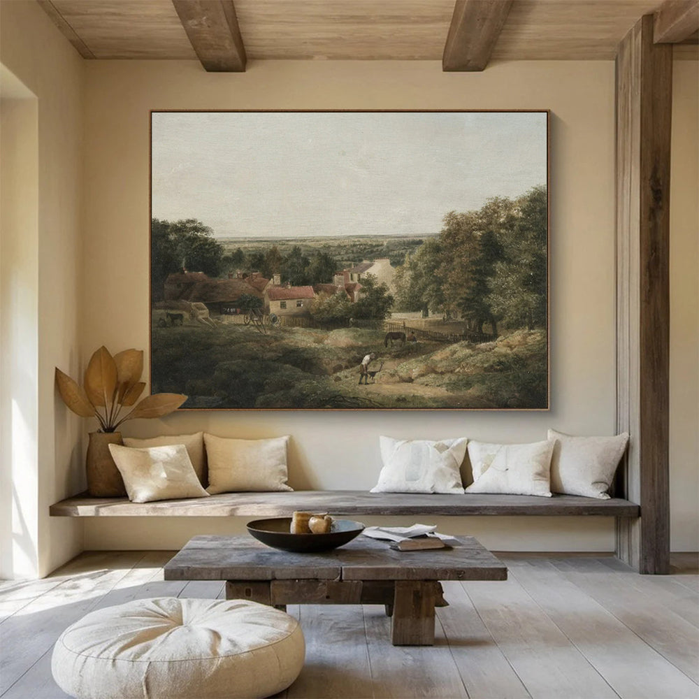 “Rural Idyll in Hues” - Greens, browns, soft tones; detailed pastoral village scene CT1609
