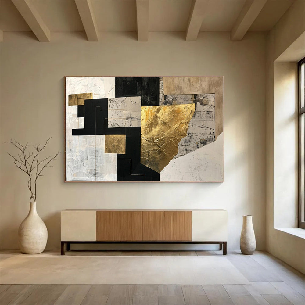 “Geometric Gold & Black Fusion” – Abstract Geometric Acrylic Painting CT1709