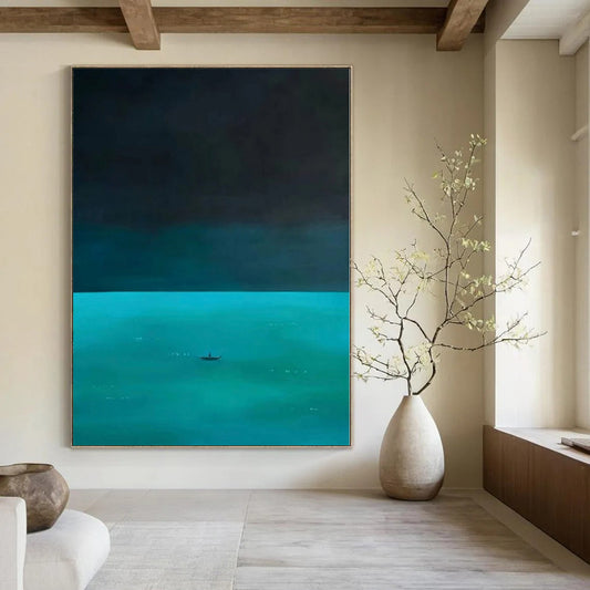 “Dark Blue - Teal Sea with Boat” Minimalist Acrylic Art CT0194