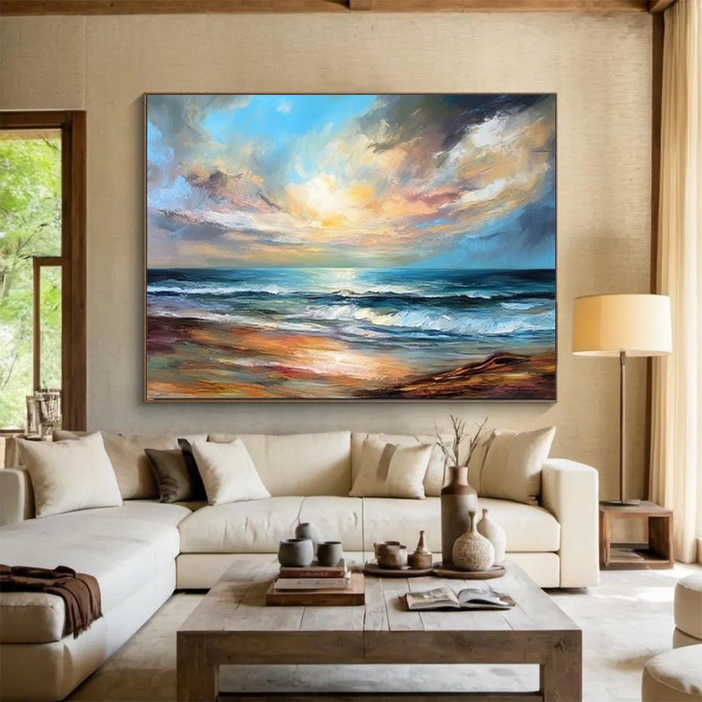 “Realistic Seaside Sunset II” - Blue, orange, yellow, purple; detailed sunset beach scene (twin piece) CT1594