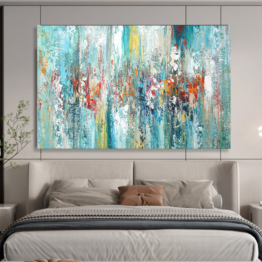“Turquoise Cascade” - Blues, greens, pops of red/orange; vertical, flowing abstract forms CT1515