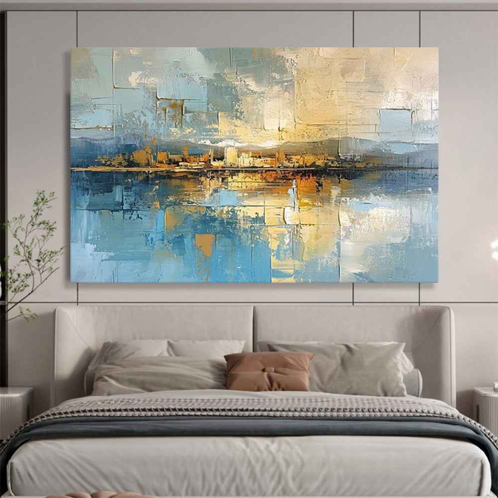 “Urban Reflection” - An urban abstract in blue, gold, and brown CT1640