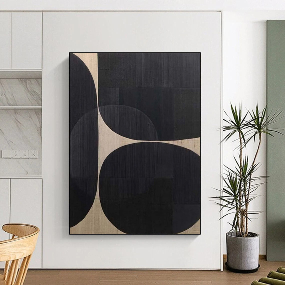 “Black and Beige Geometric Forms”,Abstract Minimalist Acrylic Art CT0581