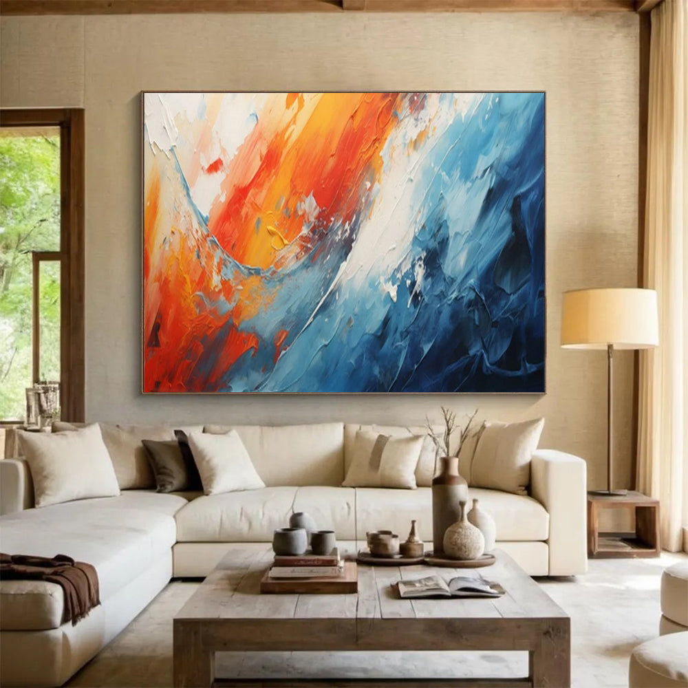 “Fiery Ocean Clash” – Oranges, reds, blues in bold, thick acrylic waves CT1704
