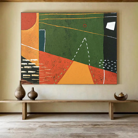 “Geometric Play in Green, Orange, and Black” - Modernist Acrylic Composition CT1808