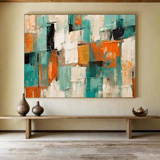 “Teal - Orange Textured Blocks” – Abstract Acrylic Painting CT1721