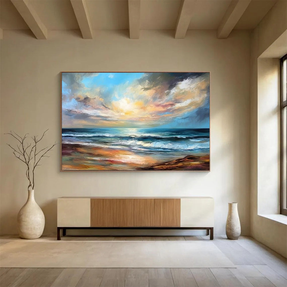 “Realistic Seaside Sunset I” - Blue, orange, yellow, purple; detailed sunset beach scene CT1593