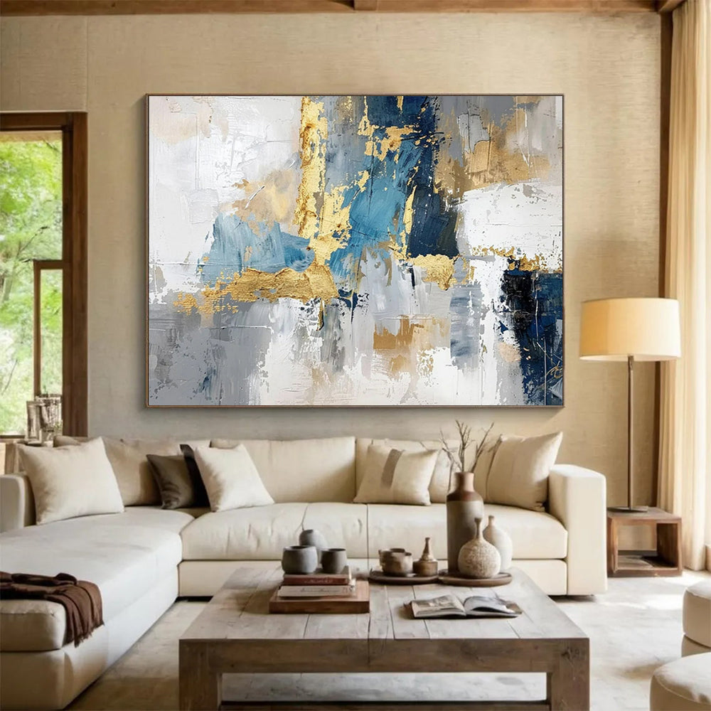 “Gold - Accented Urban Abstract” - Blues, grays, golds; bold, textured geometric abstraction CT1602