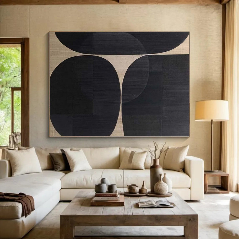 “Black and Beige Geometric Forms”,Abstract Minimalist Acrylic Art CT0581