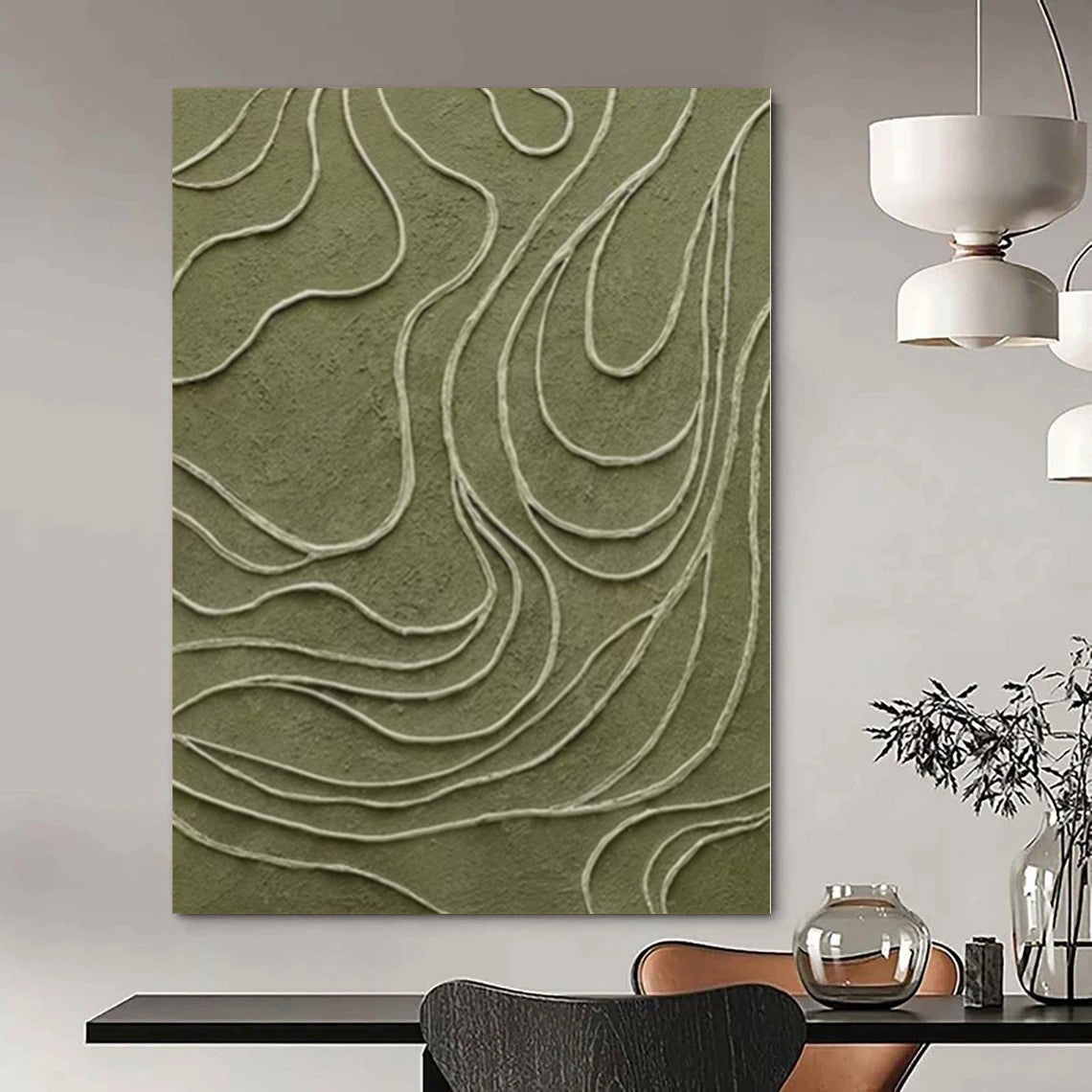 “Olive Green with White Wavy Lines” Textured Relief Art CT0144