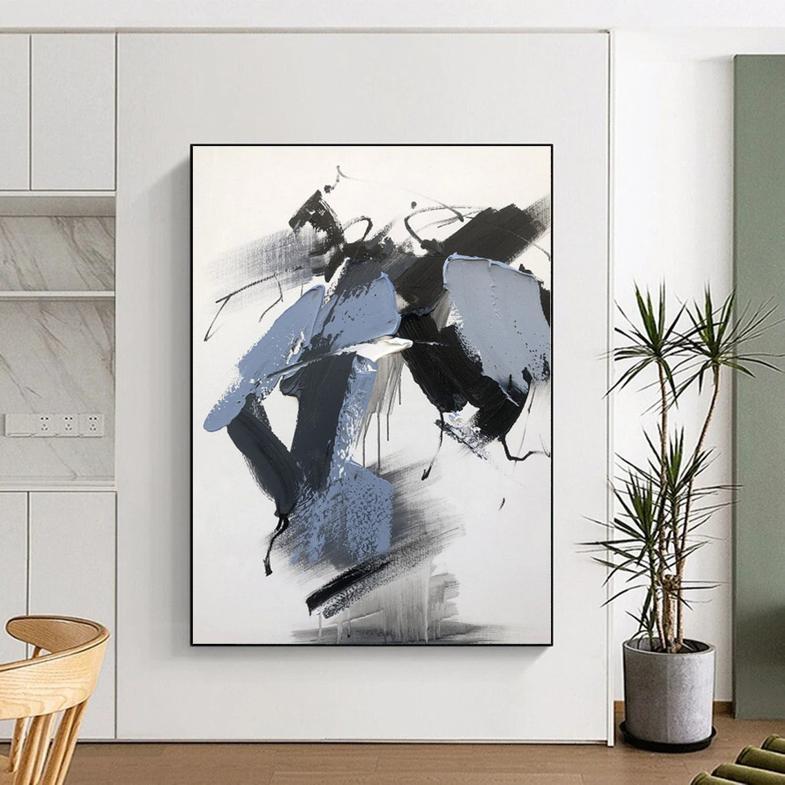 “Black - White - Blue Textured Abstraction” - Abstract Expressionist Art CT0498