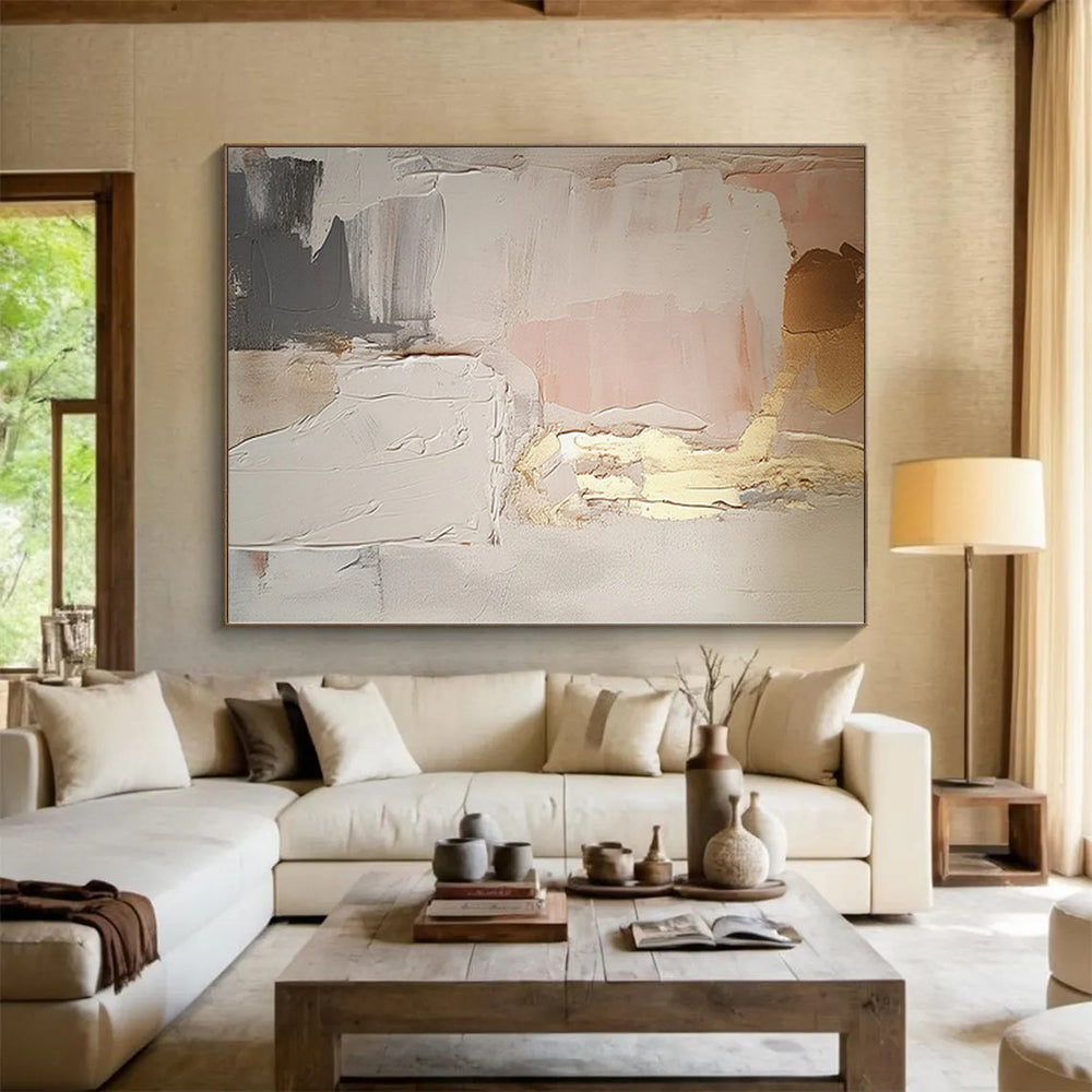 “Blush & Gold Layers” - Abstract Art with Pink, Gold, Gray, White CT0092