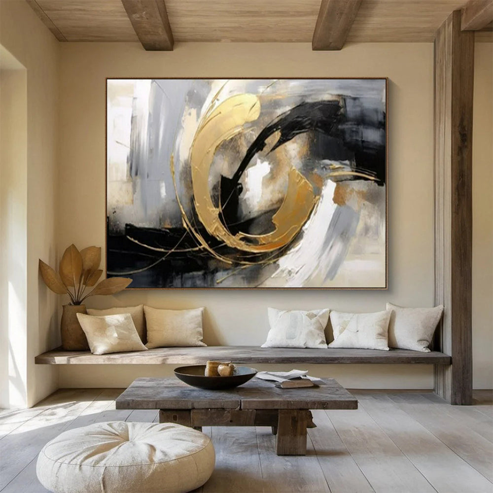 “Gold - Black Abstract Swirl” - Blacks, whites, golds; bold, textured circular abstraction CT1613