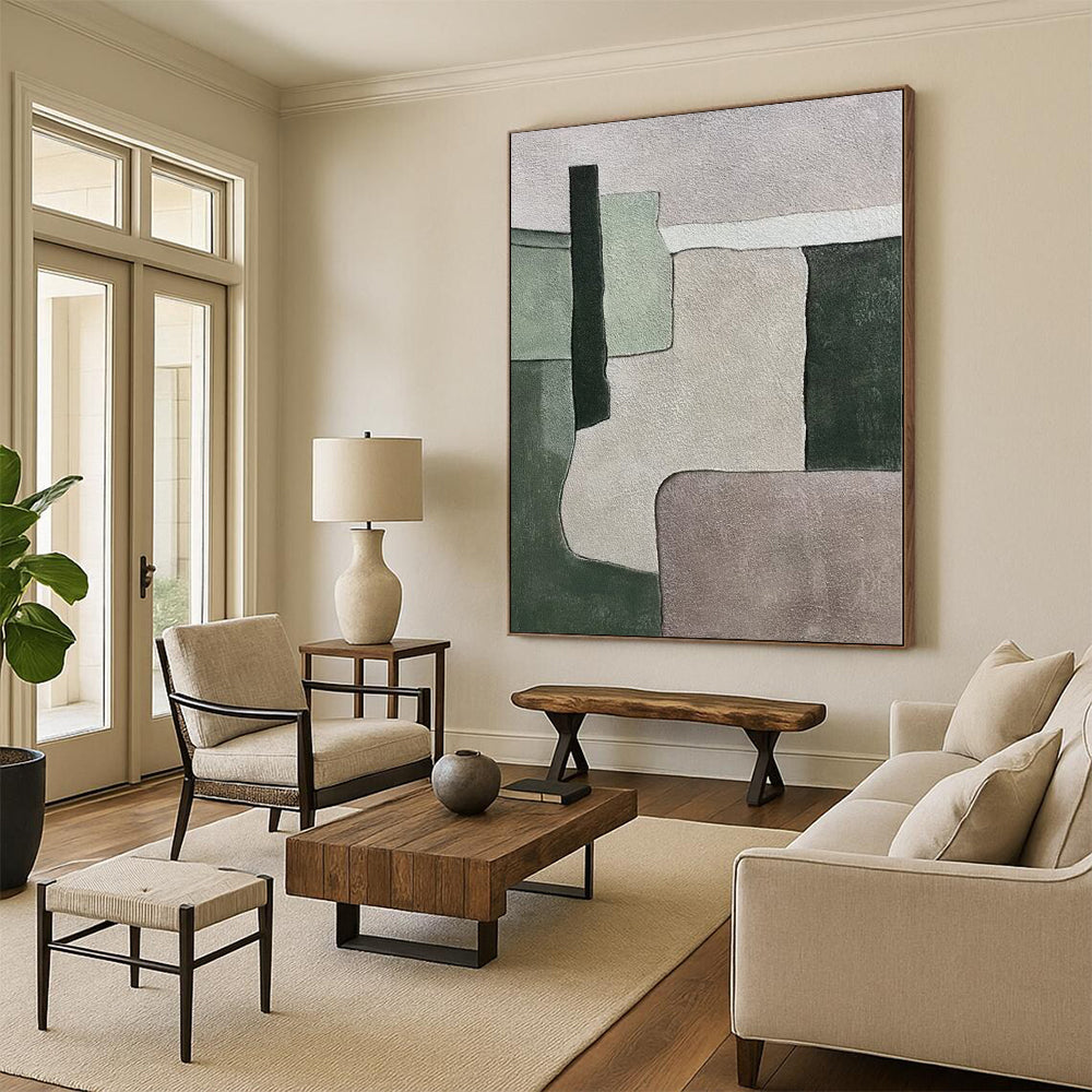 “Green, Gray & Purple Blocks: Subtle Abstraction” - Abstract Subtle - Toned Painting CT0392