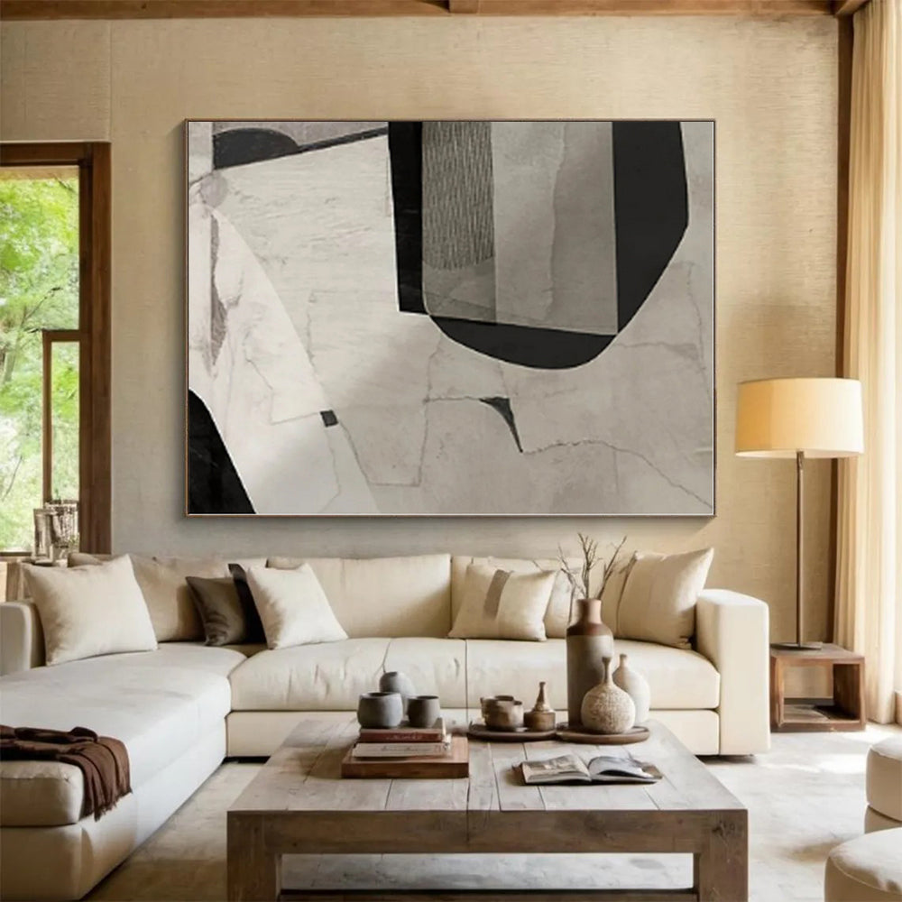 “Grey - Black Geometric Collage”,Abstract Mixed - Media Art CT0558