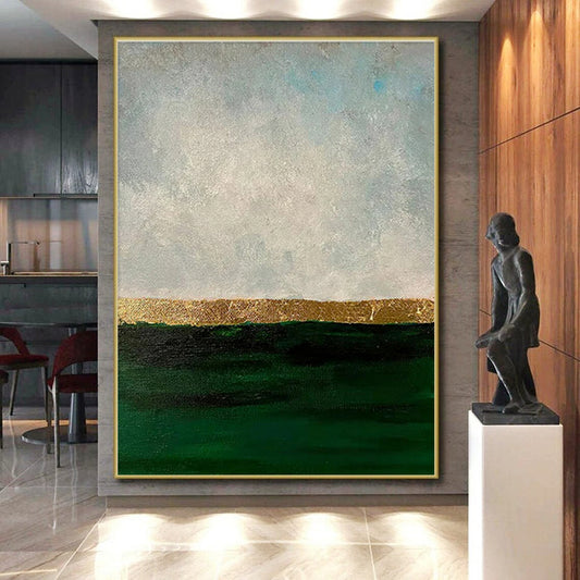 “Gold - Green - Grey Sea Horizon”,Minimalist Seascape Art CT0644