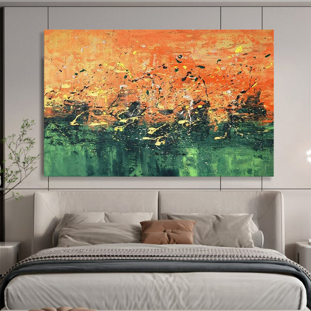 “Sunset Splash Symphony” - Oranges, greens, yellows, blacks; chaotic, colorful splatters CT1603