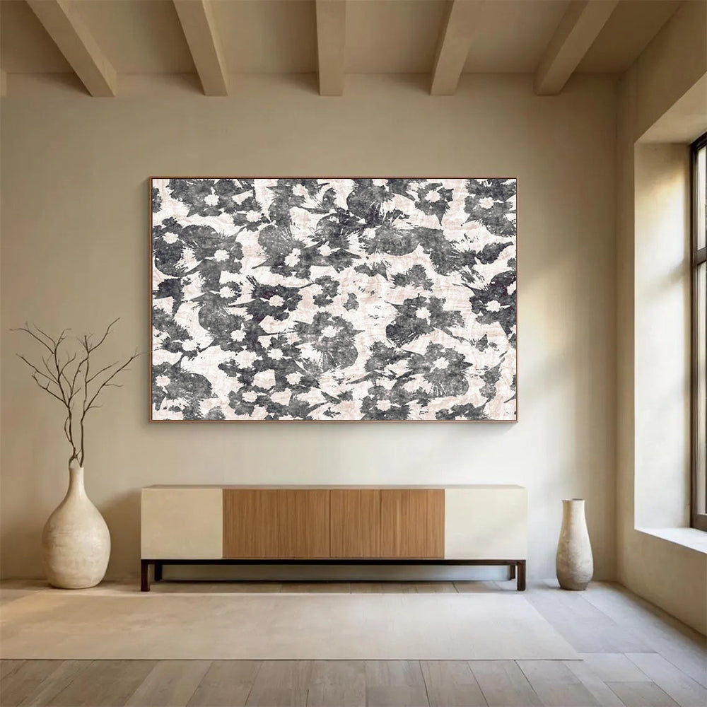 “Ink Blossoms” - Monochrome gray, white; bold, textured floral patterns CT1491