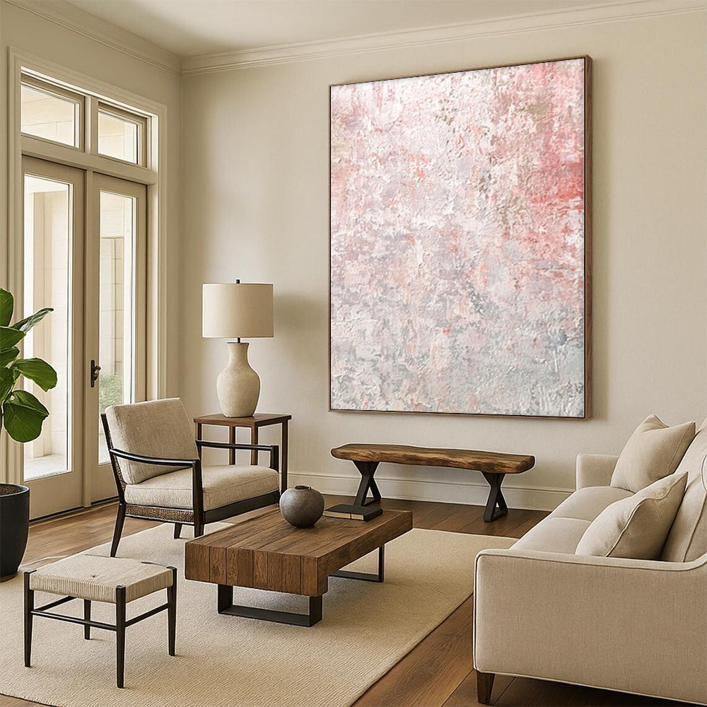 “Blush Concrete” - Abstract Painting with Pink, Gray, White, Red CT0050