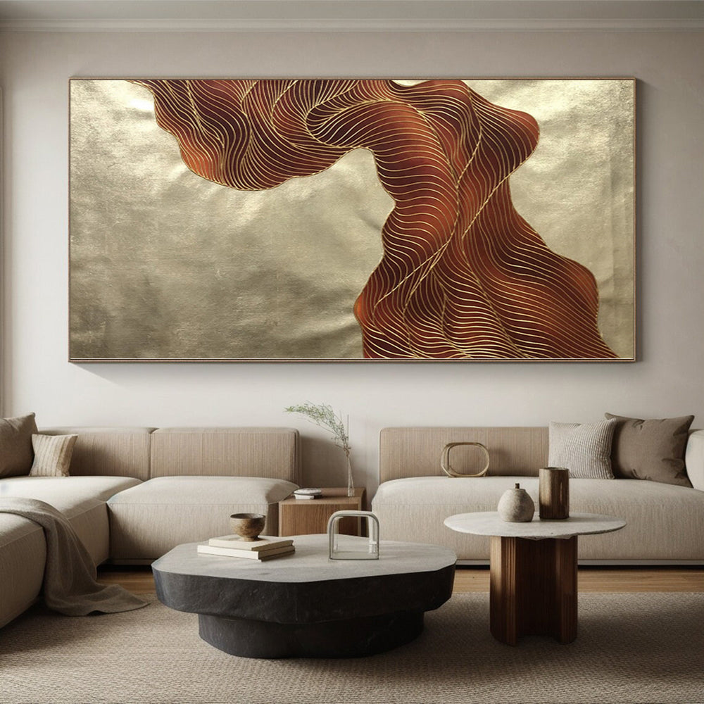 “Brown - Gold Wavy Lines”,Line - Based Abstract Painting CT0347