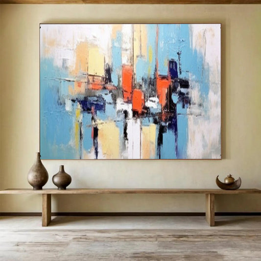 “Hand - painted Harbor Abstraction” - Color - blocked harbor scene in blue, orange, and yellow CT1646